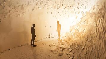 This Two figures stand in a chaotic room filled with scattered papers, embodying conflict and tension. photo
