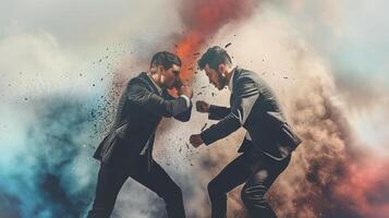 This Two suited men are engaged in a tense physical standoff amid a cloud of dust and color. photo