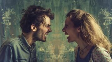 This Two individuals engage in a heated argument, showcasing intense emotions and misunderstanding. photo