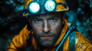 A miner laboring in challenging conditions under damp, low light circumstances, wearing protective gear and focused on extracting minerals from deep within the earth. photo