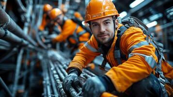 Professionals in protective gear collaborate in a mineral processing facility, focusing on excavation and infrastructure development in a busy mining environment. photo