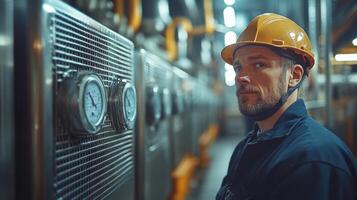 A mining engineer in a hard hat observes equipment in an industrial facility specializing in mineral extraction and processing during daylight hours, ensuring operational efficiency. photo