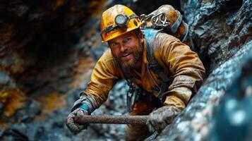 A miner works diligently in a quarry, utilizing a pickaxe to extract valuable minerals from rocky terrain. Safety gear is worn as sunlight illuminates the site. photo