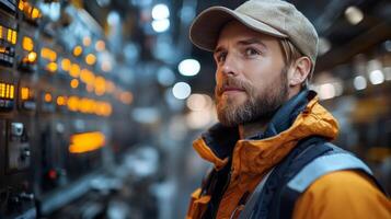 Miner monitors control panels filled with lights and switches at a busy mining facility, ensuring efficient operation during mineral extraction processes. photo