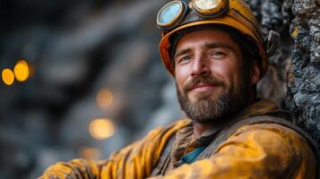 A miner takes a break while working in a quarry, displaying a cheerful expression in rugged attire, highlighting the hard work involved in mineral extraction and excavation activities photo