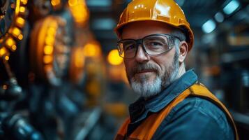 A skilled worker wearing a safety helmet and glasses is engaged in mining operations, overseeing the equipment in a well lit quarry. The atmosphere reflects diligence in mineral processing. photo