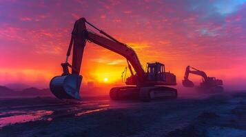 Heavy excavators are silhouetted against a vibrant sunset at a quarry site, actively engaged in mineral extraction and processing, highlighting the mining industry's infrastructure. photo
