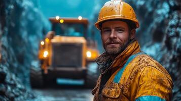 Miner in a muddy yellow suit, wearing a helmet, stands confidently in a quarry. Heavy machinery looms in the background, highlighting the ongoing mineral extraction efforts in the rugged terrain. photo