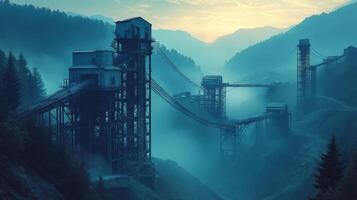 Industrial structures are visible in a mining and extraction site surrounded by mountains at dawn, with mist creating an atmospheric view of the operation. photo
