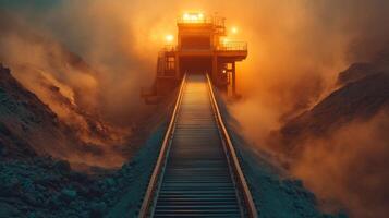 A mining facility emerges from thick dust clouds at sunrise, showcasing machinery and infrastructure essential for mineral extraction and processing activities. photo