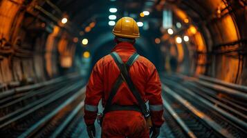 A miner wearing protective clothing and a helmet walks alone down a dimly lit tunnel that leads to a mining operation. There are tracks on the ground indicating transportation routes for materials. photo
