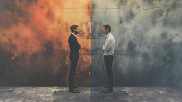 This Two men stand facing each other, embodying disagreement against a backdrop of contrasting colors. photo