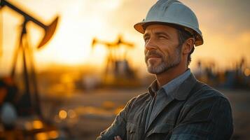 A dedicated professional stands confidently at a drilling site, supervising mining operations as the sunset casts a warm glow over the mining equipment and infrastructure. photo
