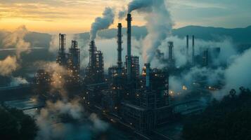 An industrial facility engages in mineral processing and metallurgy as smoke rises from smokestacks at dusk, surrounded by mountains and partially covered in mist and vapor from nearby water. photo