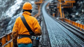 A miner stands on a railway track observing the excavation machinery at a quarry site. The area is surrounded by rocky terrain and mining operations, highlighting mineral extraction activities. photo