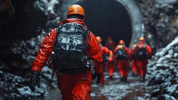 Workers in bright orange helmets and protective suits approach a large tunnel entrance, ready for excavation and mining activities in a moist, rocky setting. photo