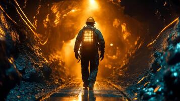 A miner in a safety suit walks through a dimly lit underground tunnel. The atmosphere is heavy with dust and the glow of machinery, showcasing mineral extraction efforts at night. photo