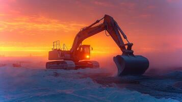 Excavator operates at a mineral extraction site, digging near water during sunset. The vibrant orange and purple sky reflects on the surroundings, creating a striking contrast. photo