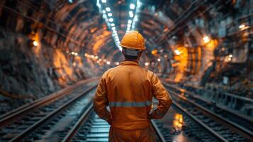 A worker in an orange uniform and hard hat observes the dark, lit tunnel in a mining operation. The atmosphere reflects a modern excavation site focused on mineral extraction and safety measures. photo