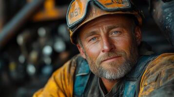 A miner sits confidently in front of heavy machinery, covered in dirt and grime, showcasing the hard work and dedication involved in mineral extraction at a quarry. photo