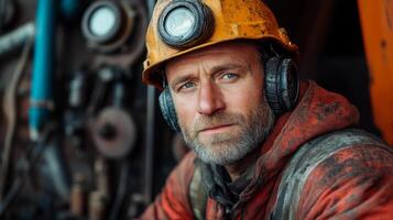 Miner dressed in protective gear prepares for work at a quarry, focused on the task of mineral extraction. The environment is characterized by drilling equipment and machinery. photo