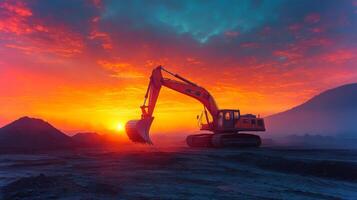 An excavator operates at a quarry site, engaging in mineral extraction as the sun sets, casting vibrant colors across the sky and terrain, with mountains in the background. photo