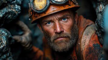 A miner with a rugged appearance is working in a narrow underground tunnel, focused on extracting minerals. He is equipped with a helmet and protective gear, surrounded by rocks. photo