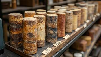 Various rock core samples arranged on shelves in a geology lab, showcasing different mineral compositions important for mining and excavation activities. photo