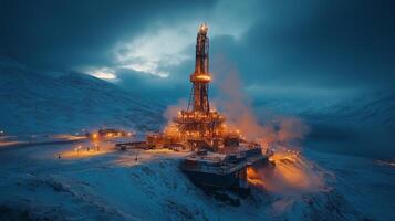 In a remote, icy setting, a drilling rig is illuminated against a dusky sky, working to extract valuable minerals while steam and light fill the surrounding area during the evening hours. photo