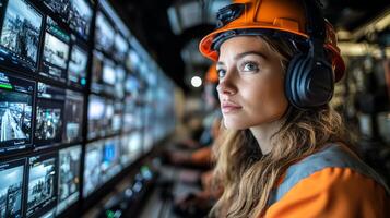 A skilled worker in safety gear monitors multiple screens displaying mining operations, highlighting the use of technology in mineral extraction. photo