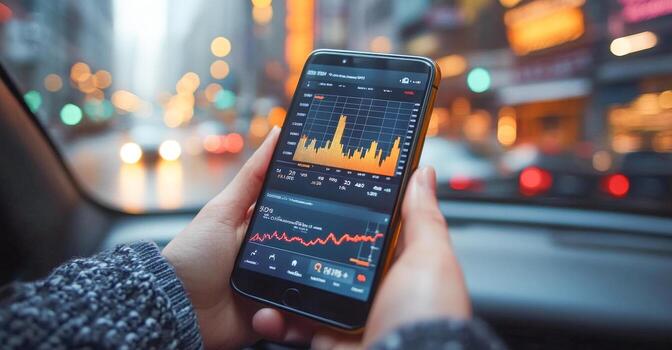 A person holds a smartphone displaying a banking app with transaction data. The urban background shows glowing city lights during the evening commute, indicating a busy atmosphere. photo