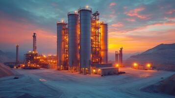 A large processing facility is lit up at sunset, featuring several tall silos and industrial structures in a bustling mining location. Equipment is actively engaged in mineral extraction. photo
