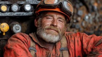 A seasoned miner relaxes against machinery in a quarry after a hard shift, wearing protective gear covered in dust, reflecting years of hard work and dedication to the mining profession photo