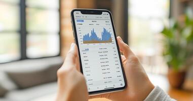 A person is holding a smartphone showing a detailed banking transaction screen with graphs and account statements. This activity takes place in a cozy indoor space with natural light. photo
