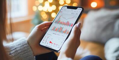 A person is using a smartphone to verify a banking transaction. The screen displays a colorful financial statement with graphs and data. Ambient light creates a cozy atmosphere indoors. photo