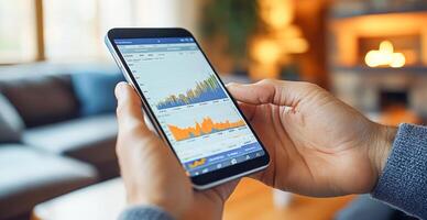 A person is engaged in checking their banking transactions on a smartphone while seated in a cozy living room. The device displays various financial charts and statements. photo