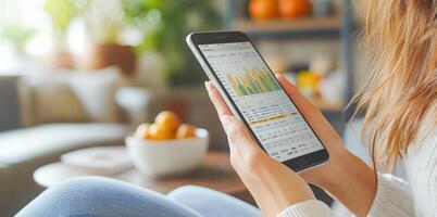 A person is checking their mobile banking application while sitting comfortably. The app displays transaction details and financial graphs, providing a clear view of their banking activity. photo