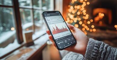 A person checks their banking transaction on a mobile device while sitting near a window with snow outside. The warm interior is decorated with festive lights, creating a cozy atmosphere. photo