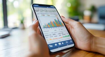 A person holds a smartphone showcasing a banking application that presents a colorful financial statement. The screen displays various transaction details and data analytics in a well-lit room. photo