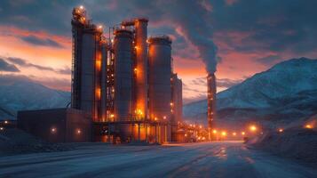 In a remote mountainous area at dusk, mining and metallurgy facilities illuminate the landscape with orange lights. photo