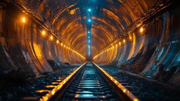 Deep underground mining tunnels feature illuminated walls and tracks, highlighting the processes of excavation and infrastructure development in mineral extraction activities. photo