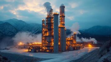Smoke emits from tall structures of a mining facility at dusk, where excavation and metallurgy processes take place amidst a rugged mountainous landscape, highlighting industrial operations. photo