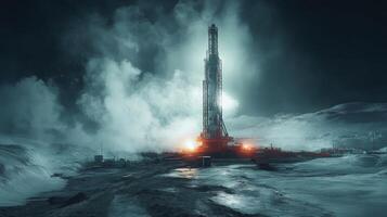 Drilling operations are underway at a mineral extraction site under nighttime conditions. Heavy machinery and advanced equipment are activated, emitting light through a foggy atmosphere. photo