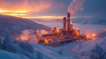 A mining operation is illuminated by warm lights against a twilight sky, surrounded by snow covered mountains and billowing smoke, showcasing the process of mineral extraction and metallurgy. photo