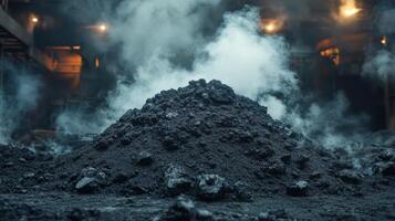 Coal sits in a mound at a mining site where extraction and metallurgy activities take place, with smoke rising into the atmosphere from processing operations occurring nearby. photo