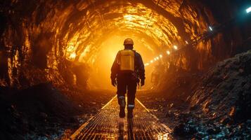 Workers navigate a brightly lit underground tunnel designed for mining operations, focusing on safety and efficiency while extracting valuable minerals from the earth. photo