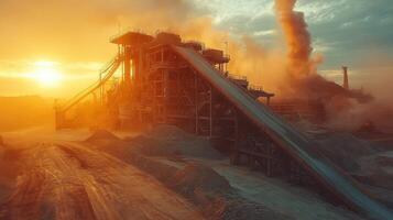 Heavy machinery operates in a bustling mining quarry as the sun sets, casting an orange glow while clouds of dust rise from the extraction process. photo