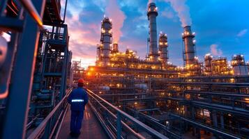 Workers conduct operations at dusk in a mineral processing facility, surrounded by tall structures emitting steam and glowing from internal lights, highlighting an active mining environment. photo