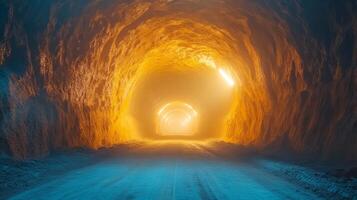 This newly excavated mine tunnel displays the intricate geology of mineral layers and features advanced lighting to ensure safe passage for workers. The atmosphere highlights extraction activity. photo