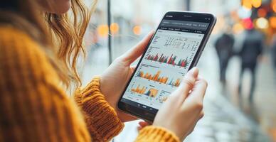 A person reviews transaction statements and banking details on their mobile device while standing in a busy urban area. The vibrant city lights and blurred pedestrians create a dynamic backdrop. photo